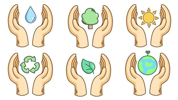 Color vector illustration on the theme of ecology with hands and objects in them. Planet, sprout, recycling, sun