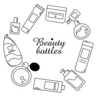 Black and white set of vector icons with various things for face and body care. Jars, cream, soap, shampoo