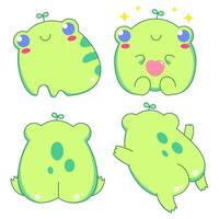 Colored vector set with cute illustrations of frogs in different poses. With spots, blush and a leaf on the head