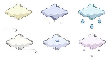 Colored set of icons on the theme of weather with various clouds. Rain, wind, snow, CO2, no precipitation vector