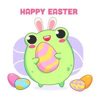 Colored vector illustration with a frog in Easter style. Multi-colored eggs, bunny ears and an inscription