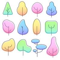 Colorful vector set with different colored trees in gradient. Square, triangular, round