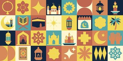 Ramadán íconos elementos con geométrico modelo. Bauhaus estilo. Ramadán kareem vector plano diseño para póster tarjetas, bandera, web.