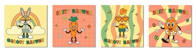 Groovy Easter cards. Happy Easter with bunny, carrots, chicken, egg. Vector illustration for postcard, posters. Trendy retro 60s, 70s style