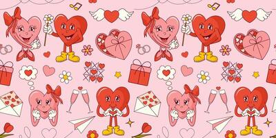 Seamless pattern with groovy hearts for Valentine's Day on pink background. vector