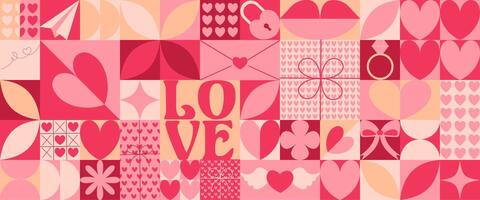 Valentine s Day icons elements with geometric pattern. Bauhaus style. Vector flat design for poster, card, wallpaper, poster, banner, packaging.