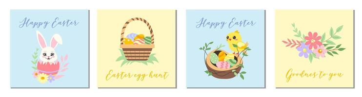 Set of Easter cards. Minimalism style. Happy Easter with bunny, chicken, eggs, flowers, nest. Easter egg hunt. Goodness to you. Vector illustration for postcard, posters.