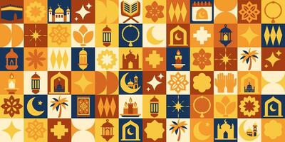 Ramadan icons elements with geometric pattern. Bauhaus style. Ramadan Kareem. Vector flat design for poster cards, banner, web.