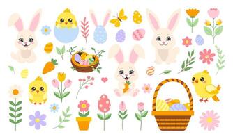 Easter set with bunny, eggs, flowers, basket vector