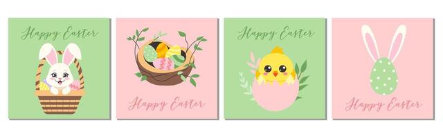 Set of Easter greeting cards with bunny in basket, chicken in rgg, nest, egg with ears. Happy Easter. Vector illustration for postcard, poster, banner