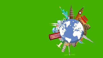 Travel over the world animation. World's Tourism day. Skyscrappers rotating around the globe at right. Paper plane flying, clouds. Green screen animation blank space for Text. Used for ads, promos video