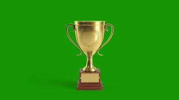 3D golden Trophy on green screen. space for title text. trophy on green screen chroma key background video