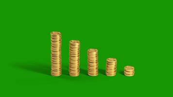 3D Golden money coins stacks decrease loose green screen chroma key concept video