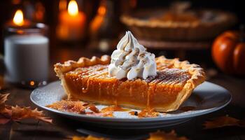 AI generated Homemade pumpkin pie, sweet indulgence on rustic wooden table generated by AI photo