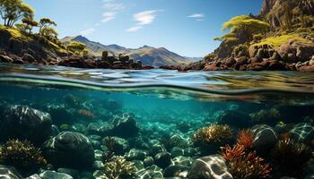 ai generado submarino aventuras pescado nadar abajo transparente azul ondas, explorador coral arrecife generado por ai foto