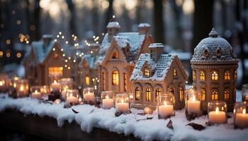 ai generado invierno noche, vela fuego ilumina Navidad árbol, copos de nieve que cae generado por ai foto