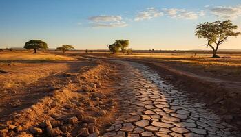 ai generado puesta de sol terminado el africano sabana, un seco y polvoriento paisaje generado por ai foto