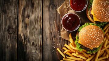 ai generado dos hamburguesas y papas fritas con salsa de tomate en de madera mesa. generativo ai. foto