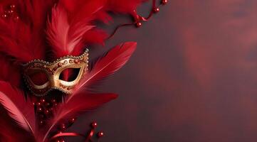 AI generated Golden masquerade mask with red feathers on a dark red background. photo