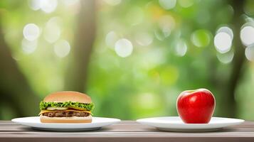 ai generado dos platos con un hamburguesa y un manzana. generativo ai. foto