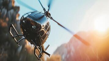 ai generado un helicóptero volador terminado el montañas. generativo ai. foto