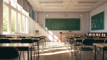 AI generated Classroom Filled With Desks and Chairs. Generative AI. photo