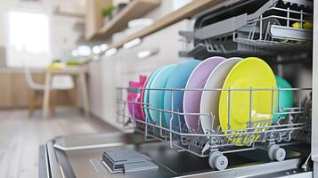 AI generated Colorful Plates Fill Dishwasher. Generative AI. photo