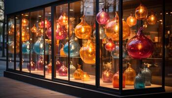 AI generated Winter celebration illuminated glass lanterns, glowing Christmas lights, vibrant decorations generated by AI photo