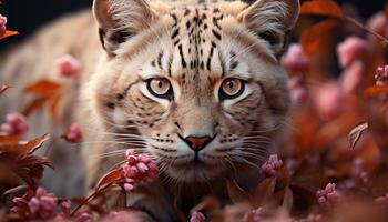 AI generated Cute tiger kitten hiding in grass, staring at flower generated by AI photo