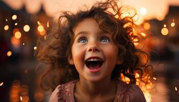 ai generado sonriente niño, alegre y lindo, disfrutando juguetón verano al aire libre generado por ai foto