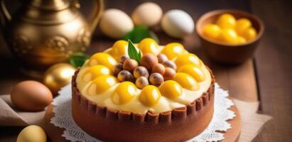 ai generado Pascua de Resurrección, tradicional Pascua de Resurrección pasteles, Pascua de Resurrección postre, nacional irlandesa Simnel pastel decorado con Mazapán pelotas, de colores huevos, de madera mesa foto