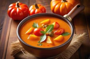 AI generated Holi, a celebration of spring and bright colors in India, a national Indian dish, traditional Indian cuisine, vegetable soup, Sambar with pumpkin and tomatoes, beautiful serving photo