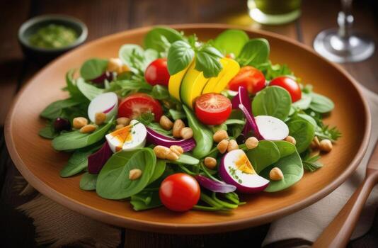 AI generated green vegetable salad with tomatoes and herbs, gourmet haute cuisine, vegetarian cuisine, vegan haute cuisine, beautiful restaurant serving, Diet menu, organic leafy salad photo
