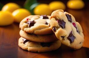 AI generated sweet homemade cakes, oatmeal chocolate chip cookies, a stack of chocolate chip cookies, traditional American cookies, wooden table photo