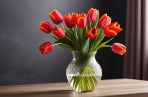 ai generado San Valentín día, de la madre día, nacional abuelas día, internacional De las mujeres día, ramo de flores de rojo tulipanes en un vaso florero en un de madera mesa, oscuro gris antecedentes foto