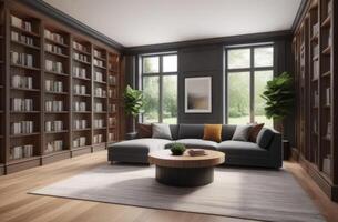AI generated World Book and Copyright Day, international day of poets and writers, home library interior, wooden bookshelves, cozy lounge, gray sofa and coffee table photo