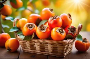 AI generated full wicker basket of ripe persimmons on a wooden table, persimmon plantation to the horizon, persimmon orchard, persimmon tree branches, sunny day photo