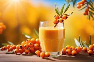 AI generated a glass of sea buckthorn juice on a wooden table, ripe sea buckthorn berries, against the background of a branch of a sea buckthorn tree, an orchard photo