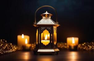 AI generated Eid al-Fitr, Laylat al-Qadr, holy month of Ramadan,Arab lantern fanus, candles, magical atmosphere, gold jewelry, dark background photo