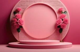 AI generated empty round pink podium, round arch, platform for demonstration of cosmetics and perfumes, stage template for advertising, bouquets of fresh flowers, free space photo