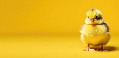 ai generado mundo pájaro día, Pascua de Resurrección, pequeño Pascua de Resurrección pollo, gracioso amarillo polluelo, aves de corral, amarillo fondo, horizontal bandera, sitio para texto foto