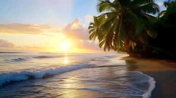 AI generated Setting Sun Over Ocean With Palm Trees. Generative AI. photo