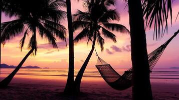 AI generated Hammock Suspended Between Palm Trees on Beach. Generative AI. photo