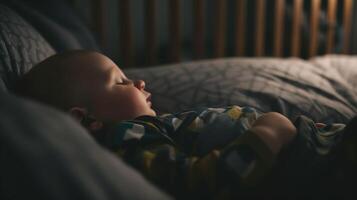 ai generado bebé dormido en cuna con almohada. generativo ai. foto