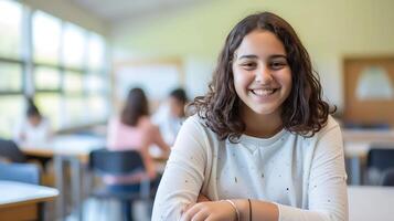 ai generado sonriente niña sentado a salón de clases mesa. generativo ai. foto