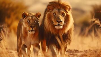 ai generado león y leona en sabana. foto