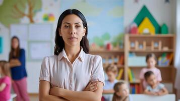 ai generado mujer en pie en frente de salón de clases de niños. generativo ai. foto