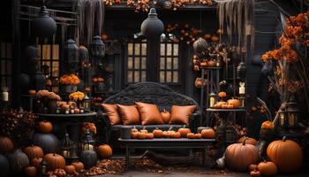 AI generated Halloween celebration spooky pumpkin lanterns decorate rustic wooden table generated by AI photo