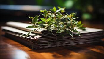 ai generado frescura de naturaleza en mesa, libro, y hoja apilar generado por ai foto