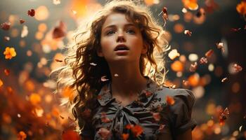 AI generated A cute girl with curly hair enjoys autumn outdoors generated by AI photo